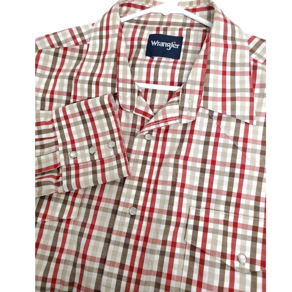 Wrangler Mens Red Brown Plaid Western Snap Button Long Sleeve Shirt XL